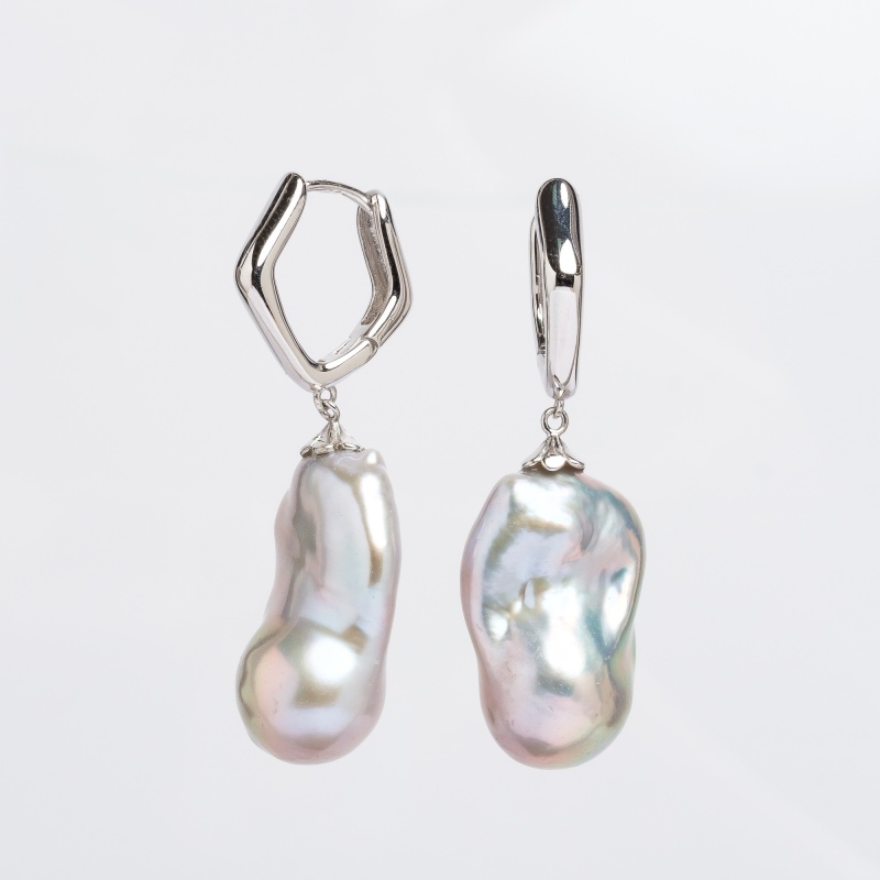 Обеци сребро,12-15мм барокови сиви перли, халка