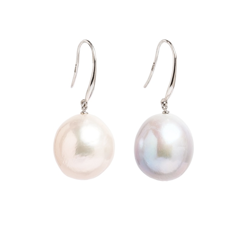 Обеци сребро, барокови бяла и сива перли 13-15,5мм