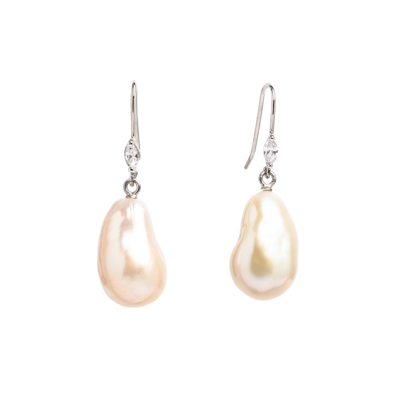 Обеци сребро, барокова бяла перла 11-12мм, кука с цирконий
