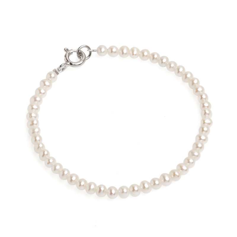 Гривна 3.5-4мм бели перли, сребърен ринг, 17/18см