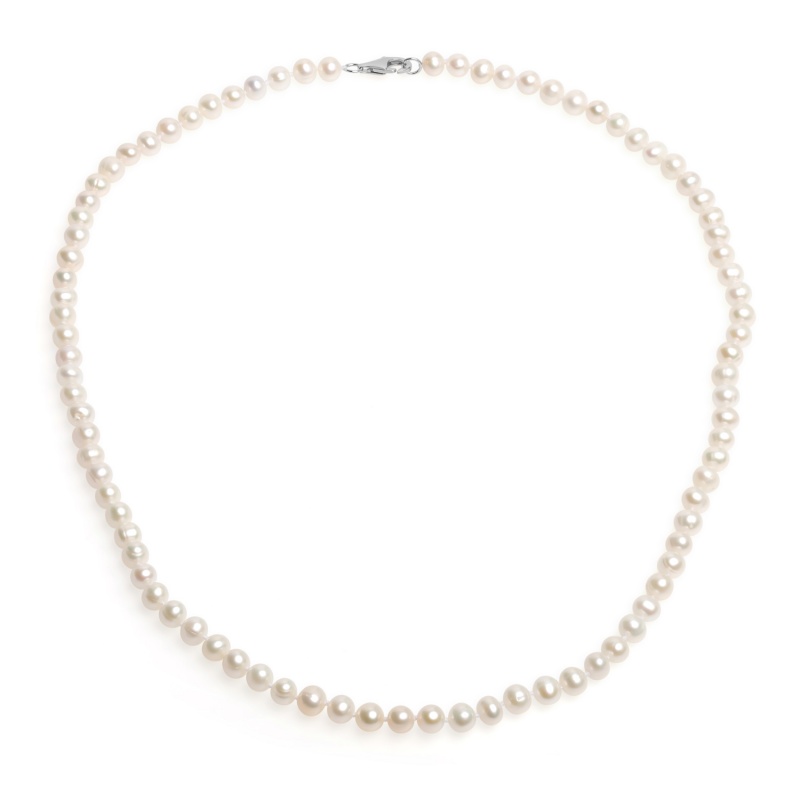 Колие 5.5-6мм, бели и сребърна закопчалка, 55см