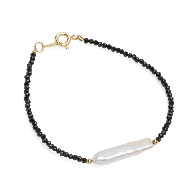 Гривна 1пръчковидна бяла перла и 2мм черен шпинел,18см.