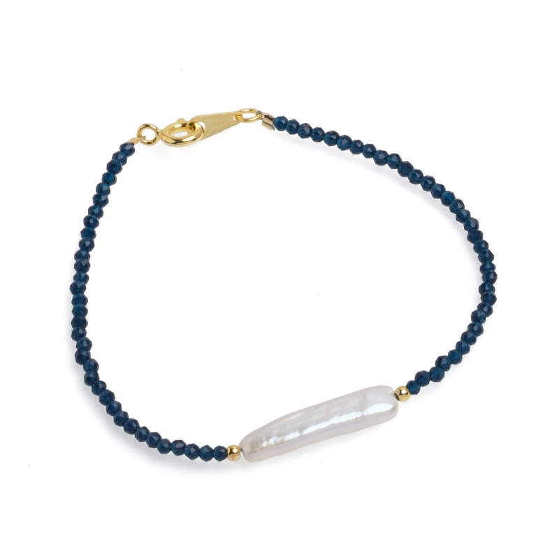 Гривна 1 пръчковидна бяла перла ,2мм син шпинел,18см.