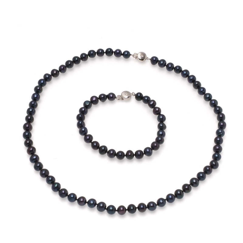 Комплект колие и гривна с тъмни перли и сребърна закопчалка