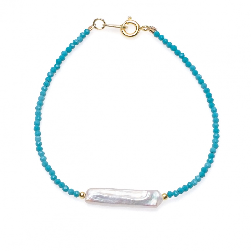 Гривна бяла перла, тюркоаз, сребърни позлатени елементи, 18см