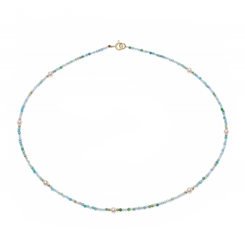Колие с 3,5-4мм бели перли и синьо-зелен шпинел, 42см.