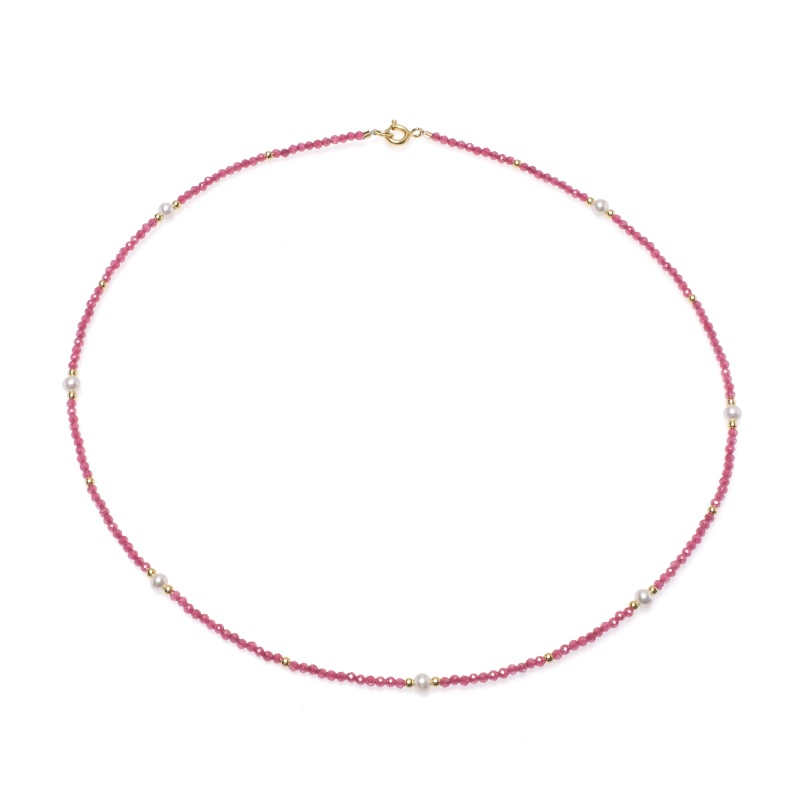 Колие с 3,5-4мм бели перли и розов шпинел, 42см.