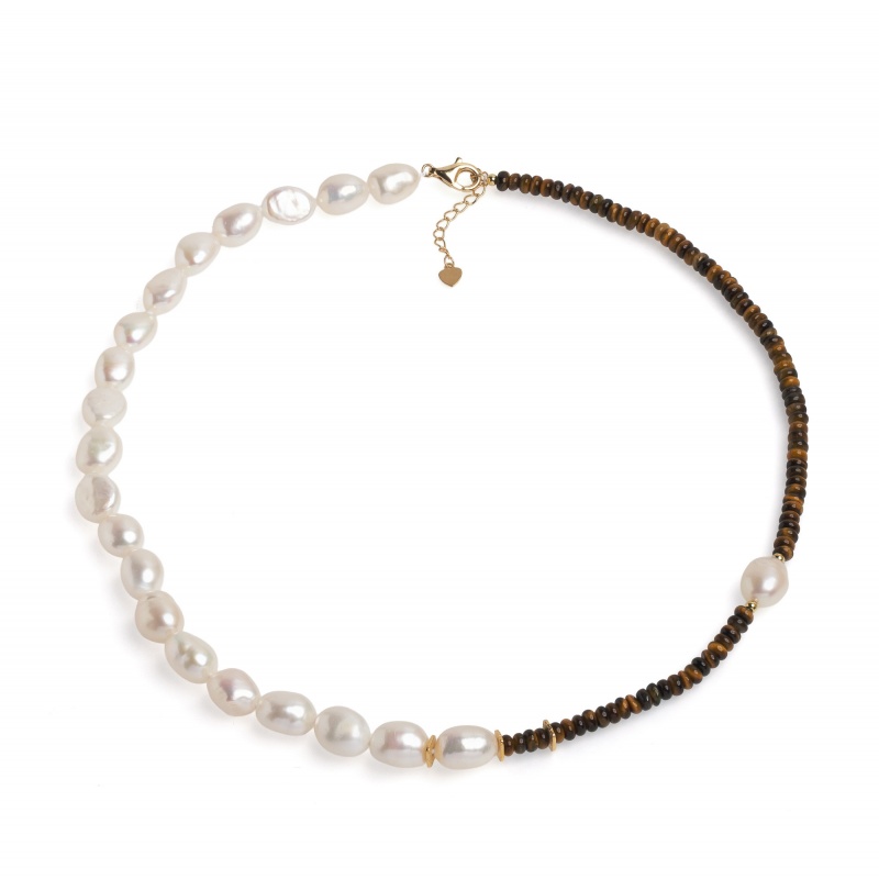 Колие 9,5-11мм бели перли и тигрово око, 45+4 см