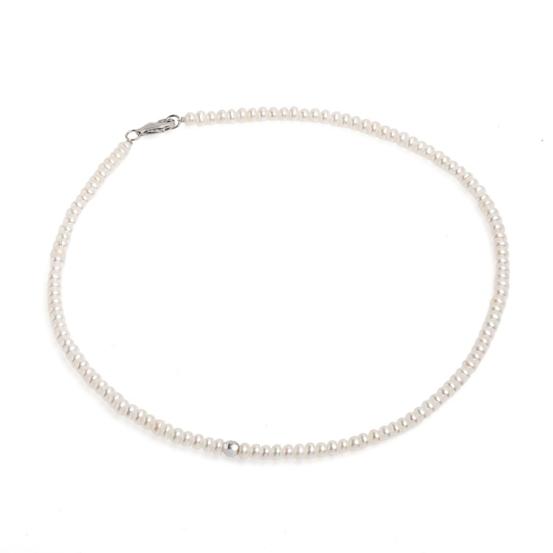 Колие 4,5-5мм бели перли, сребърна закопчалка и топче, 38/40см