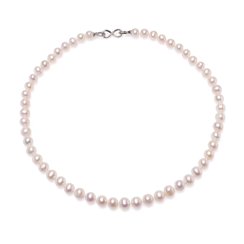 Колие 8-9мм бели перли, сребърна закопчалка-Безкрайност, 45см,