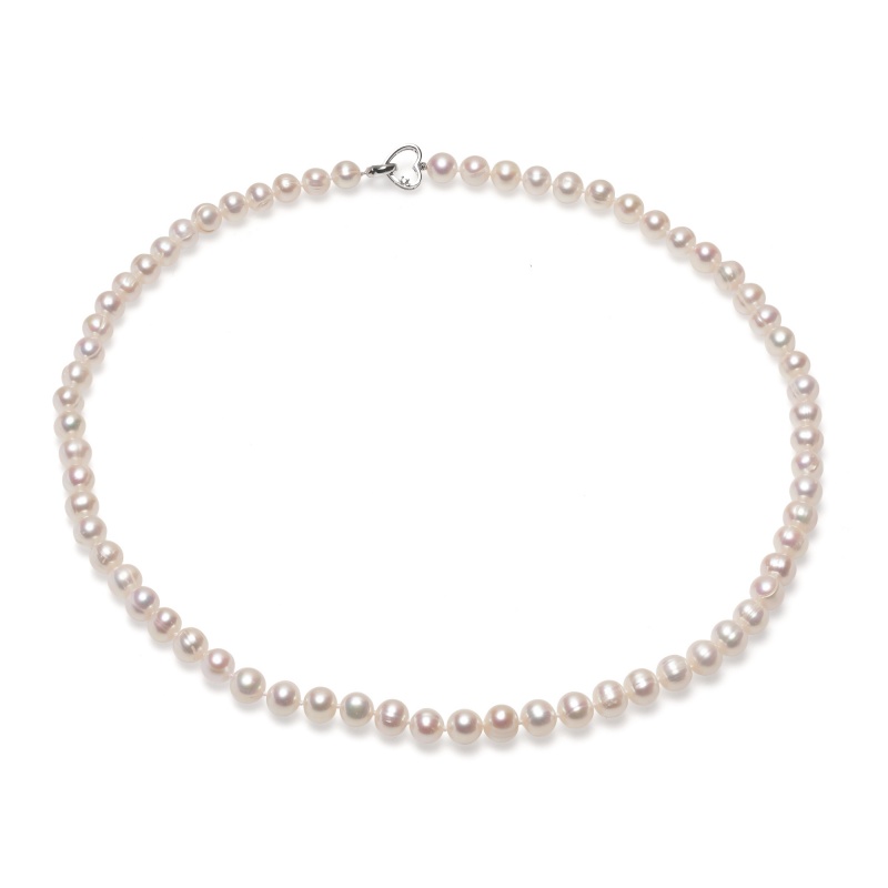 Колие с 8-9мм бели перли .,сребърна закопчалка, 55см