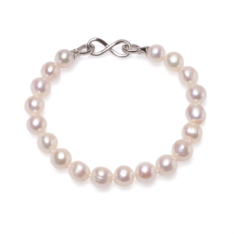 Гривна 8-9мм. бели перли, сребърна закопчалка-Безкрайност, 18/19см