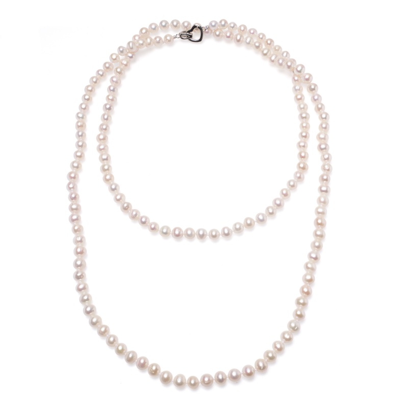 Колие с 6-7мм бели перли, сребърна закопчалка, 100см.