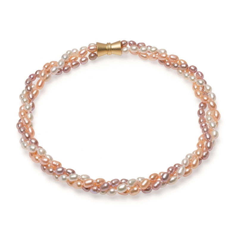 Колие 3реда, 5-6мм микс перли, магнитна закопчалка с позлата.,44см