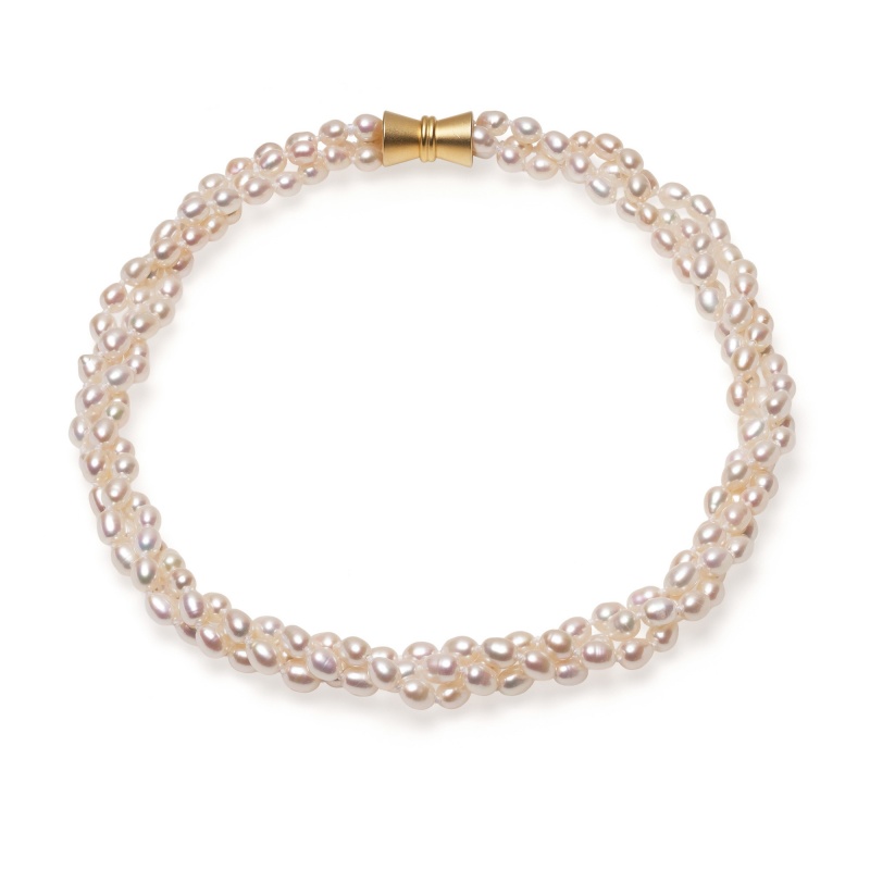 Колие 3реда, 5-6мм бели перли, магнитна закопчалка с позлата .,44см