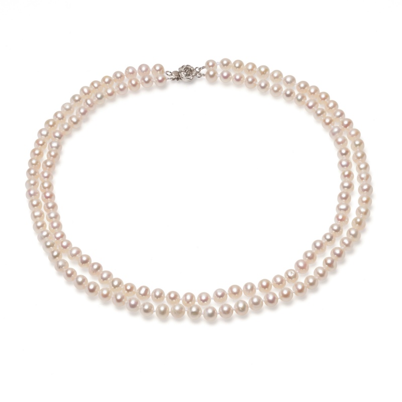 Колие с 2 реда, 6-7мм бели перли, сребърна закопчалка 42/47см