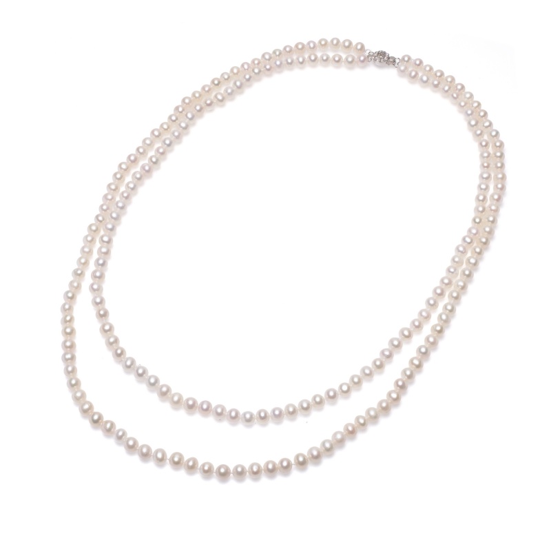 Колие 2 реда, 6-7мм бели перли, сребърна закопчалка, 59/66см