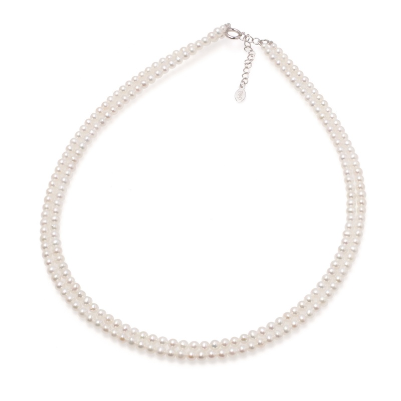 Колие с 2реда бели перли 3.5-4мм и сребърна закопчалка