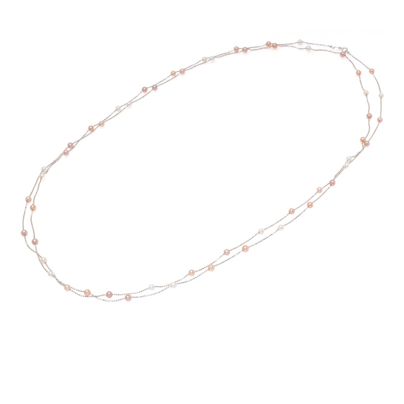 Колие сребро, 4-4,5мм цветни перли, 160см