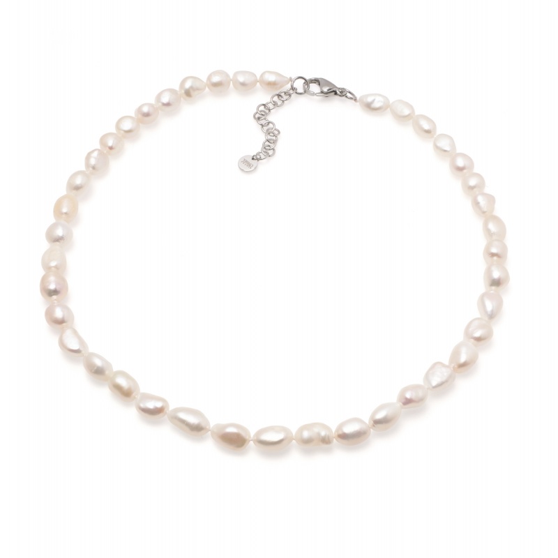 Колие с 9-11мм бели барокови перли и стоманена закопчалка