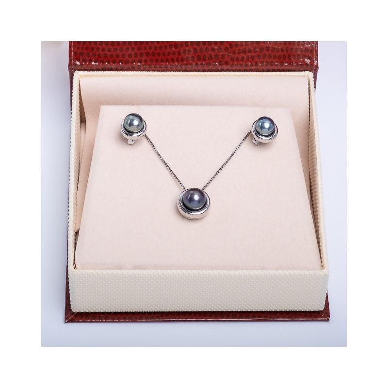 Комплект сребърен висулка и обеци с тъмни перли 6-7мм, 7-8мм