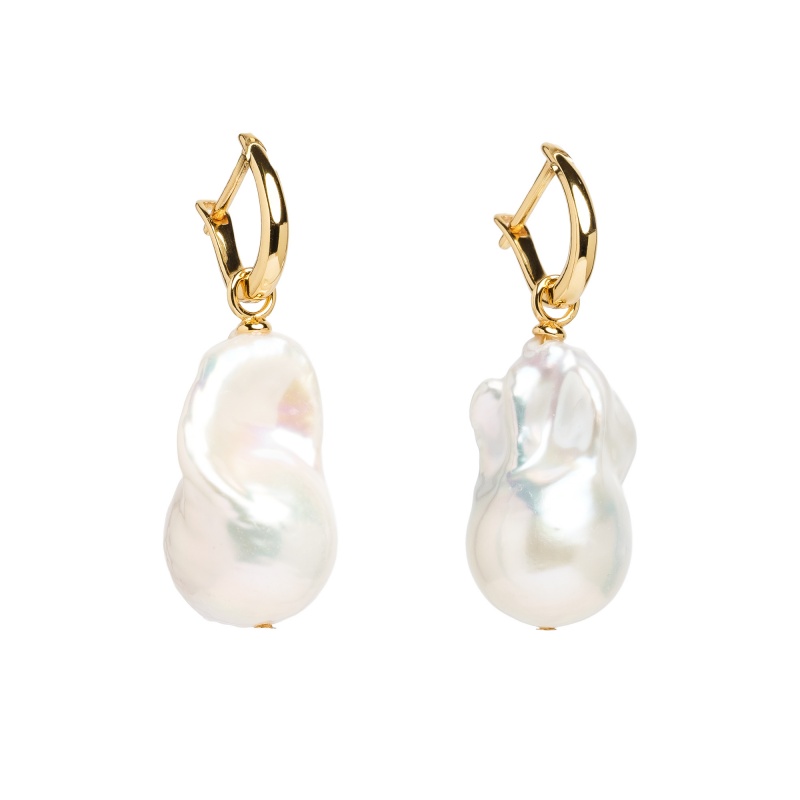 Обеци сребро с позлата,12-14+мм барокови бели перли