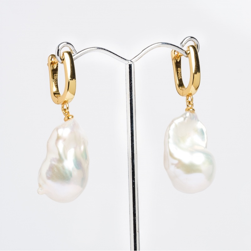 Обеци сребро с позлата,12-14+мм барокови бели перли