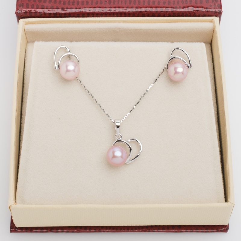 Комплект сребърен, висулка и обеци с лилави перли 7-7,5мм