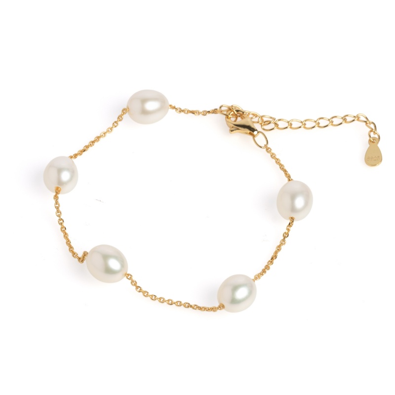 Гривна 6,5-8мм бели перли на сребърен позлатен синджир