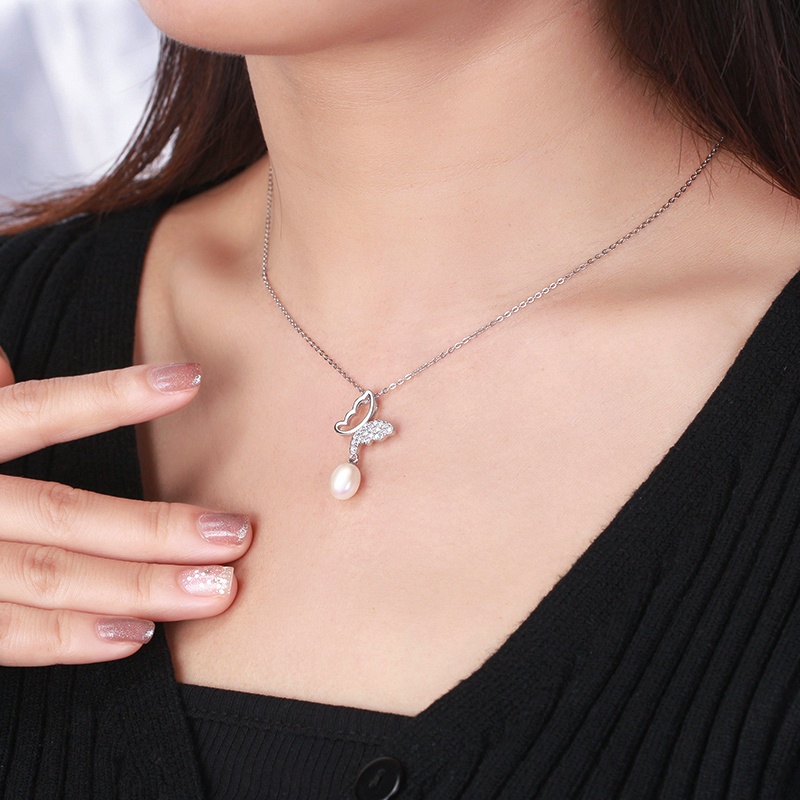 Висулка сребро, 7-10мм бяла перла и цикронии