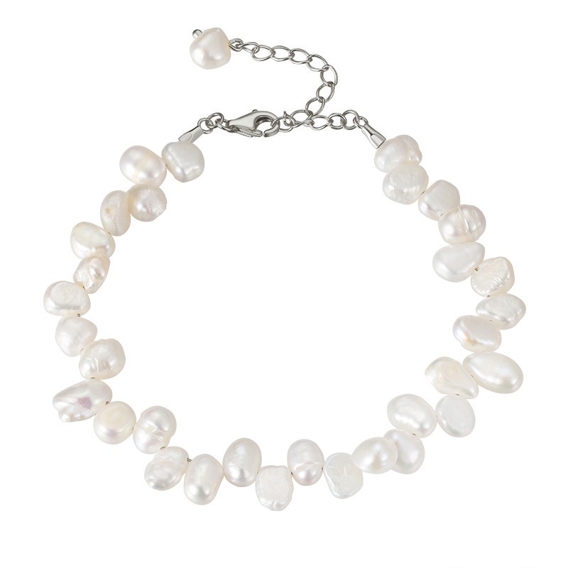 Гривна сребро, асиметрични бели перли, 16+5см