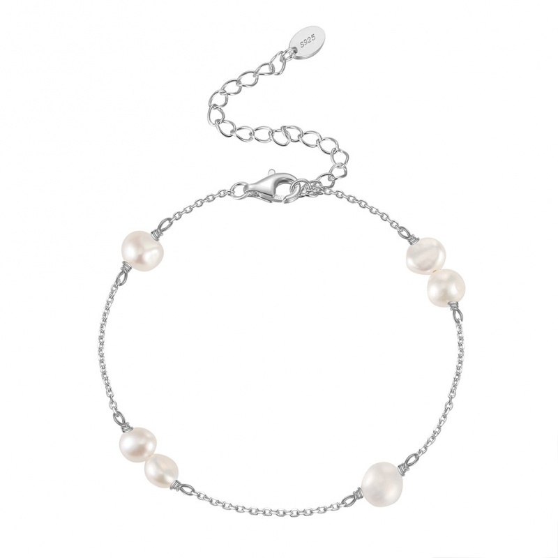 Гривна сребро, асиметрични бели перли, 16+5см