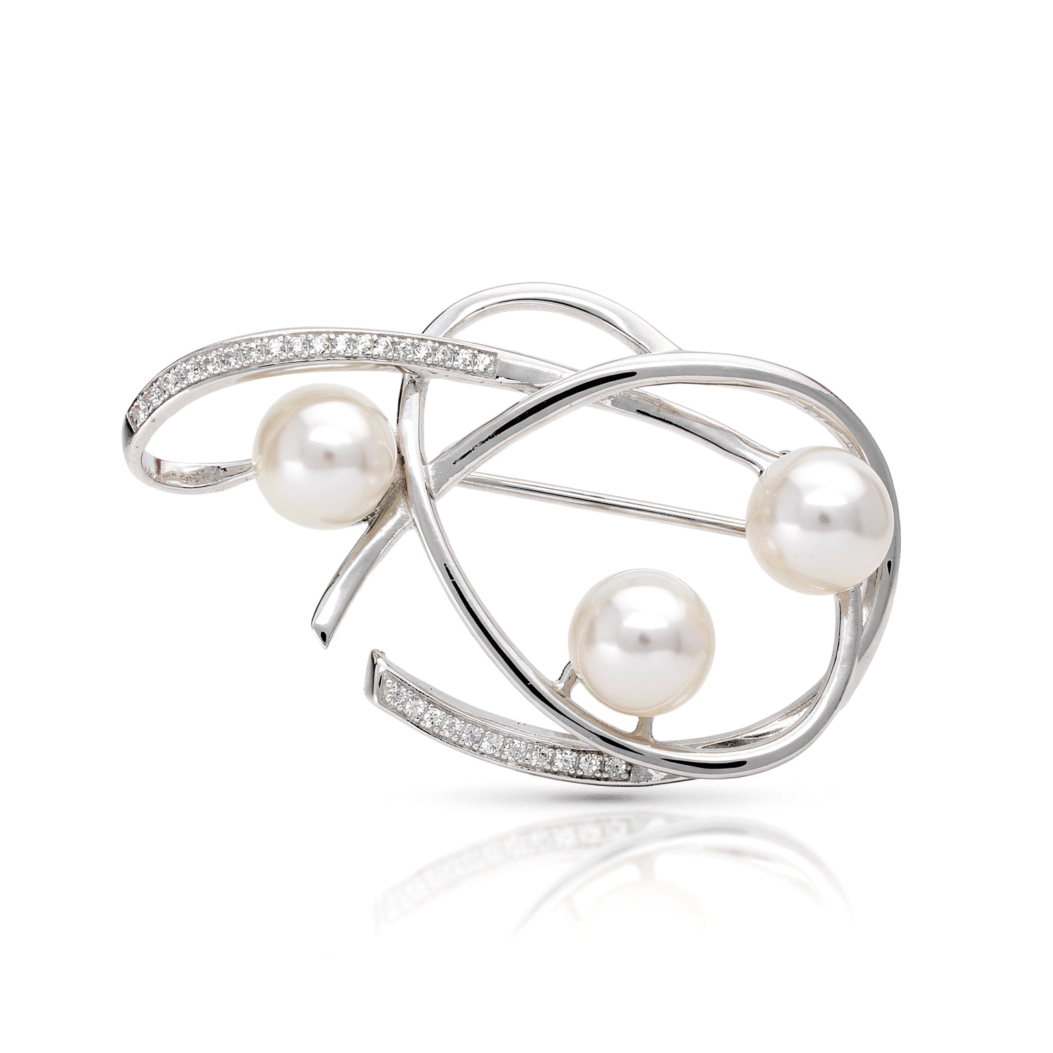 Брошка сребро ,3 броя бели перл .7.5-8мм и цирконии