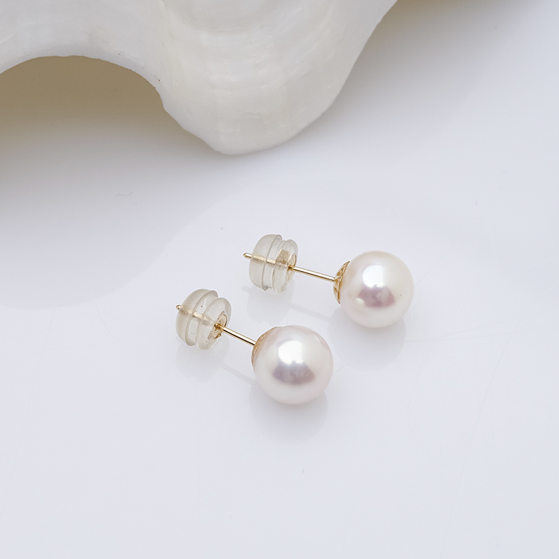 Обеци с бели перли 7-8мм и 18К злато