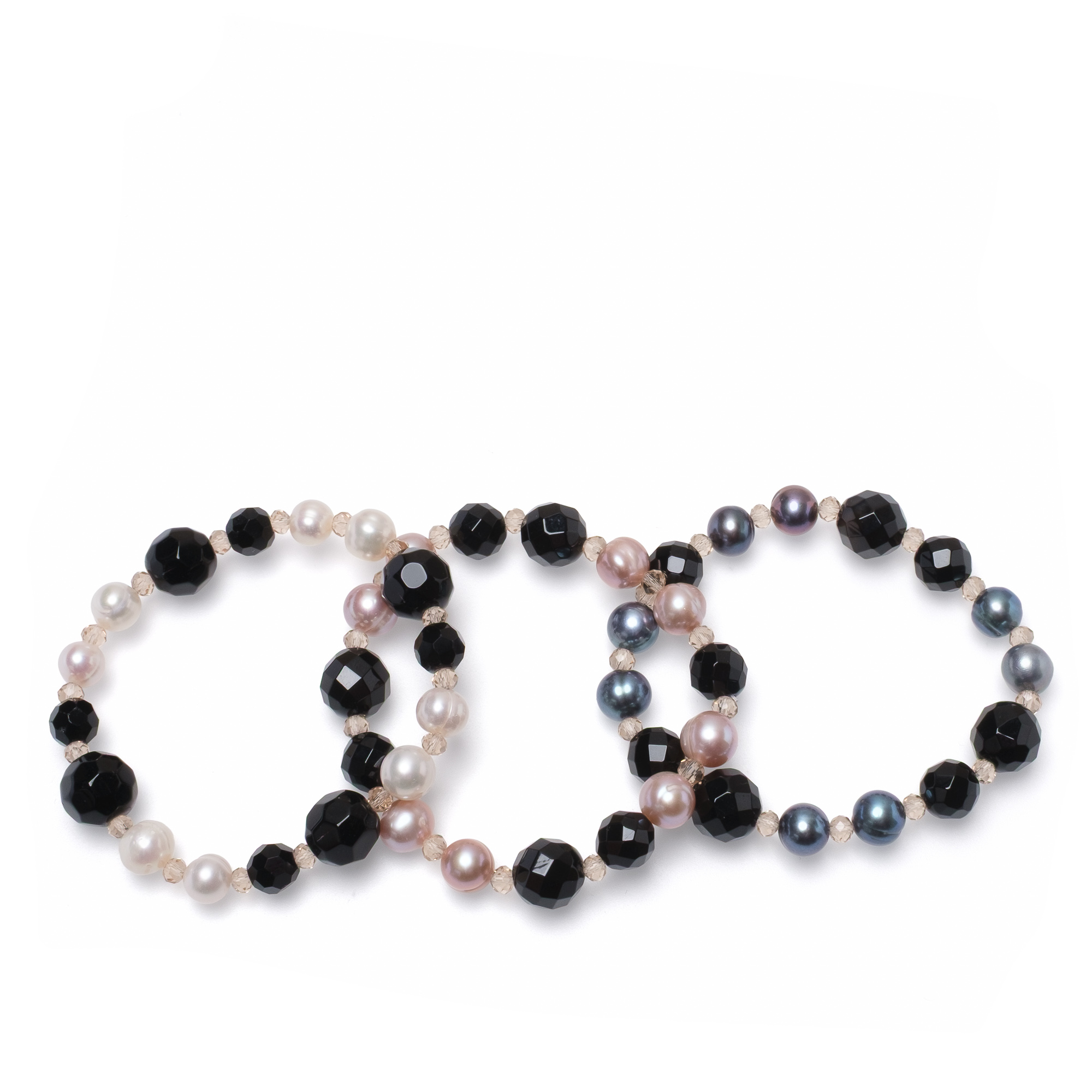 Гривна бели перли, 8.5-10мм, оникс, 18см