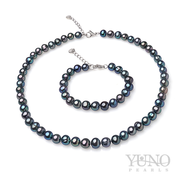 Комплект колие и гривна, тъмни перли, 7-8мм