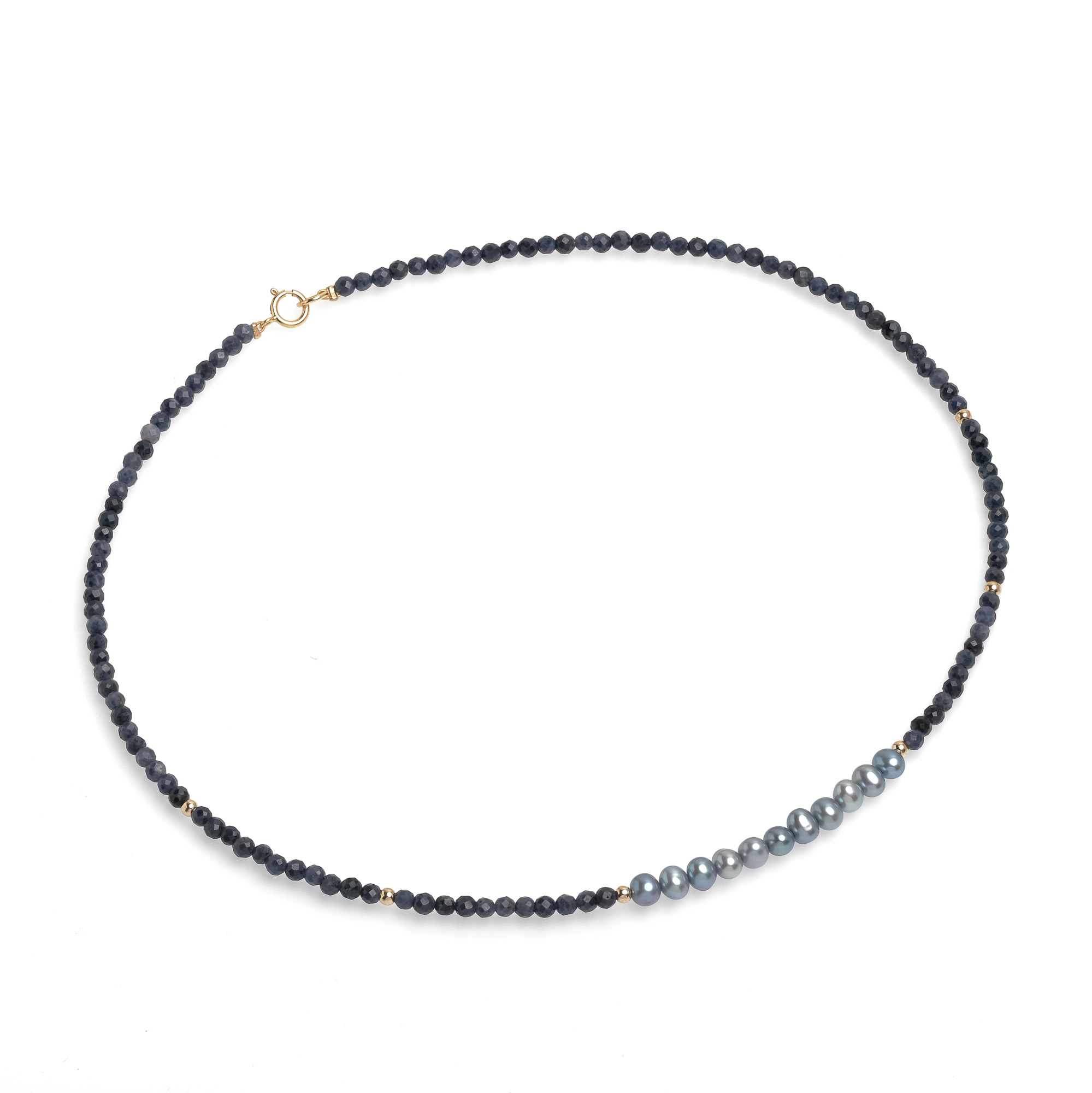 Колие с 5мм сиви перли и сапфир, 41см