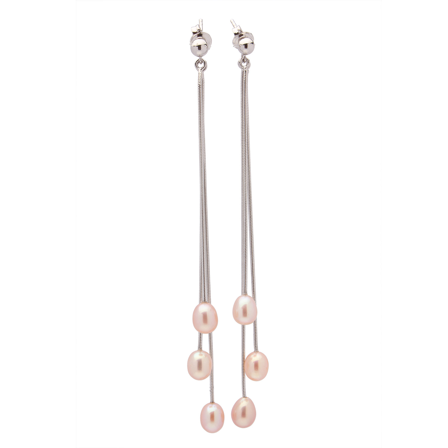 Сребърни обеци с розови перли 5-6мм, 6см дължина