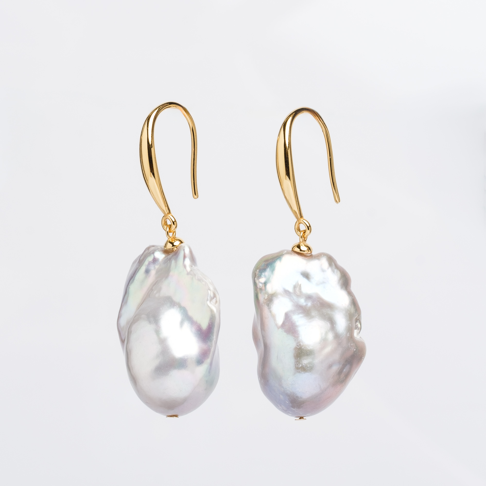 Обеци сребро с позлата,13-16мм сиви барокови перли