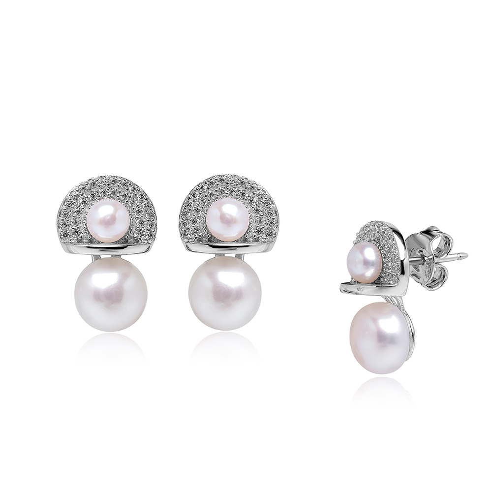 Сребърни обеци с бели перли 4.5-5 и 7.5-8мм