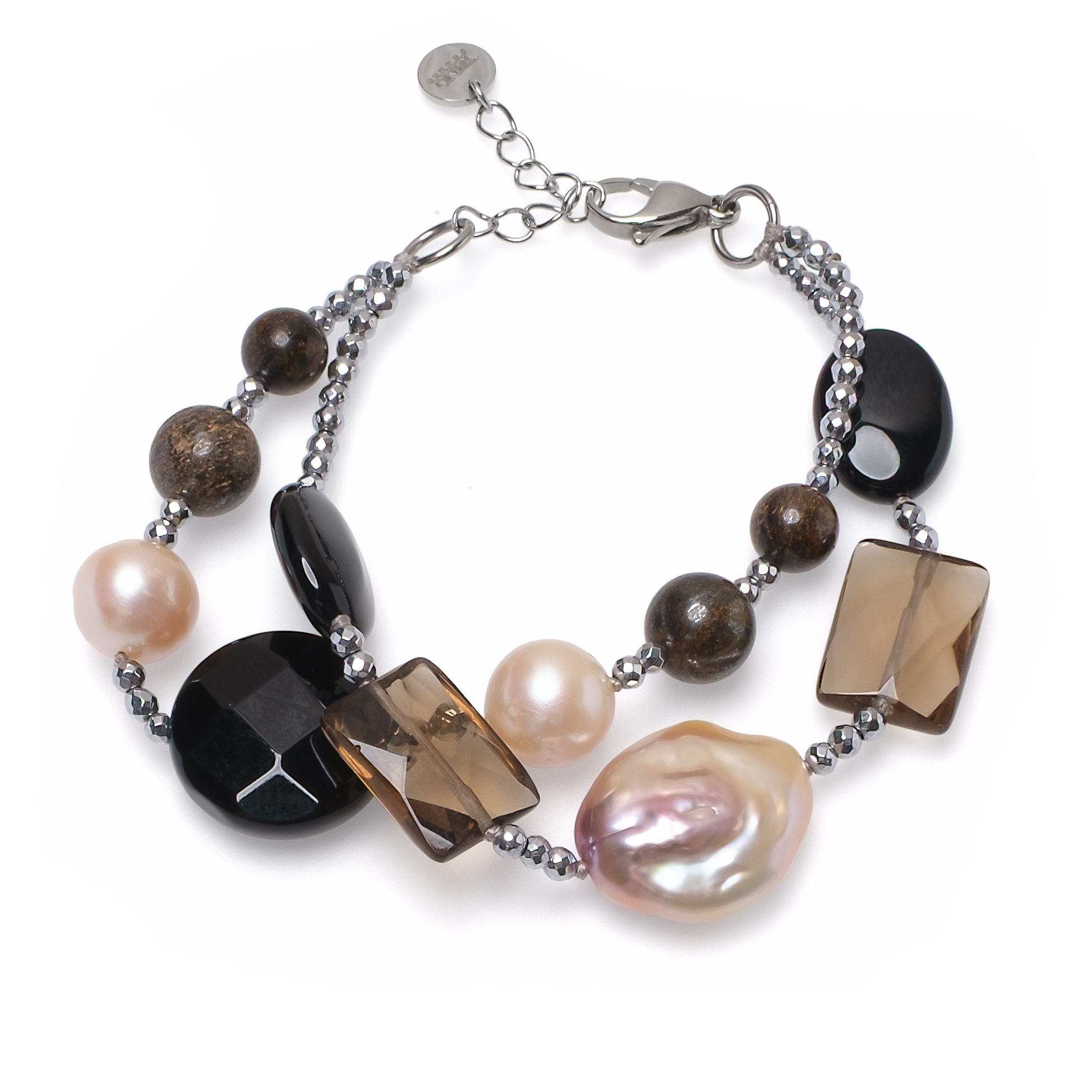 Гривна 2 реда с 10-12мм перли, ахат, хематит, оникс, пушен кварц.