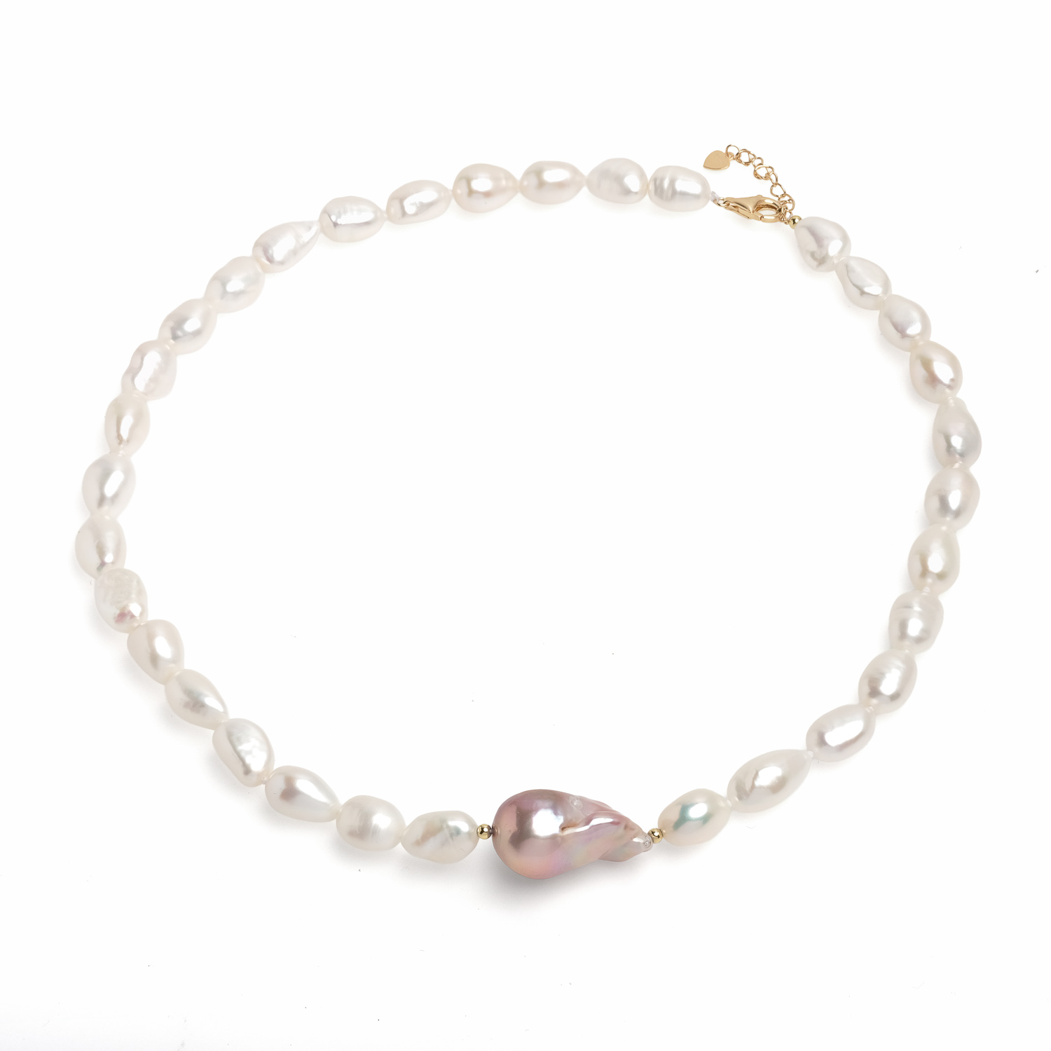 Колие 8,5-12мм бели и 1бр. барокова цветна перли.,сребро с позлата, 45см.