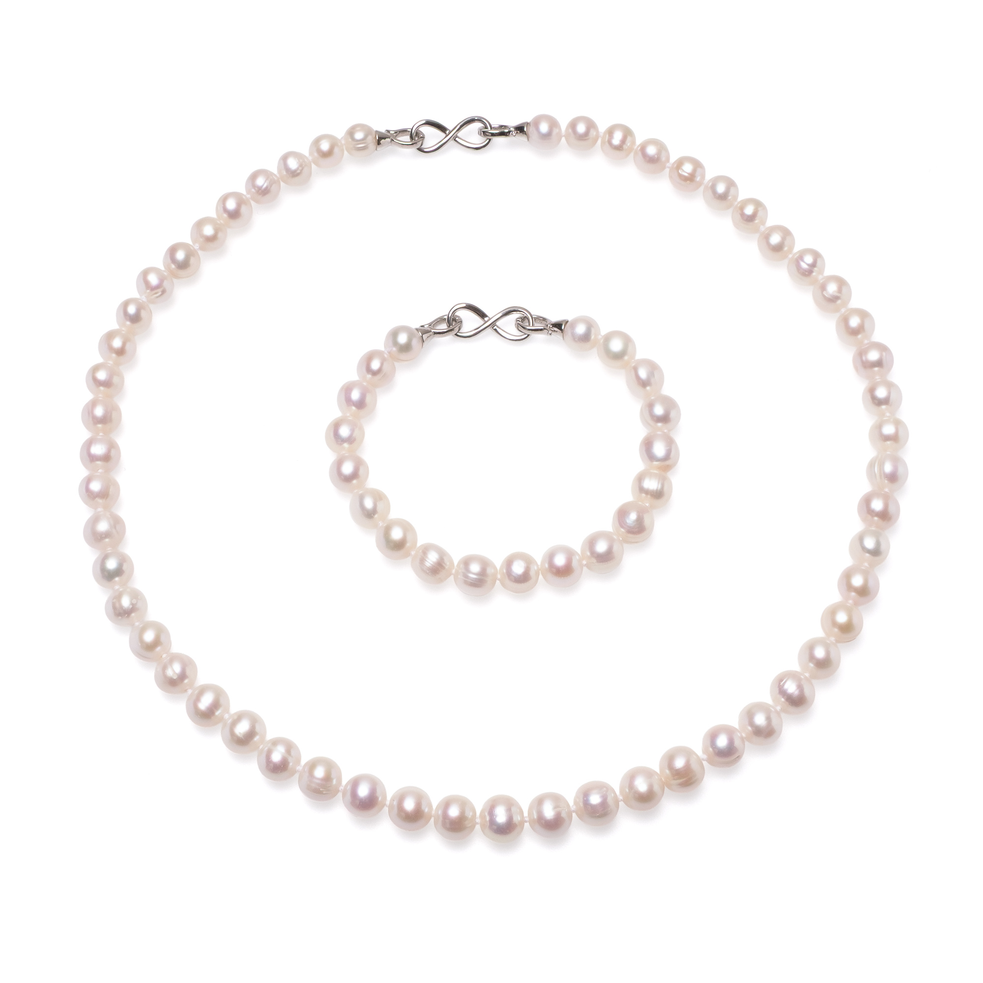 Гривна 8-9мм. бели перли, сребърна закопчалка-Безкрайност, 18/19см