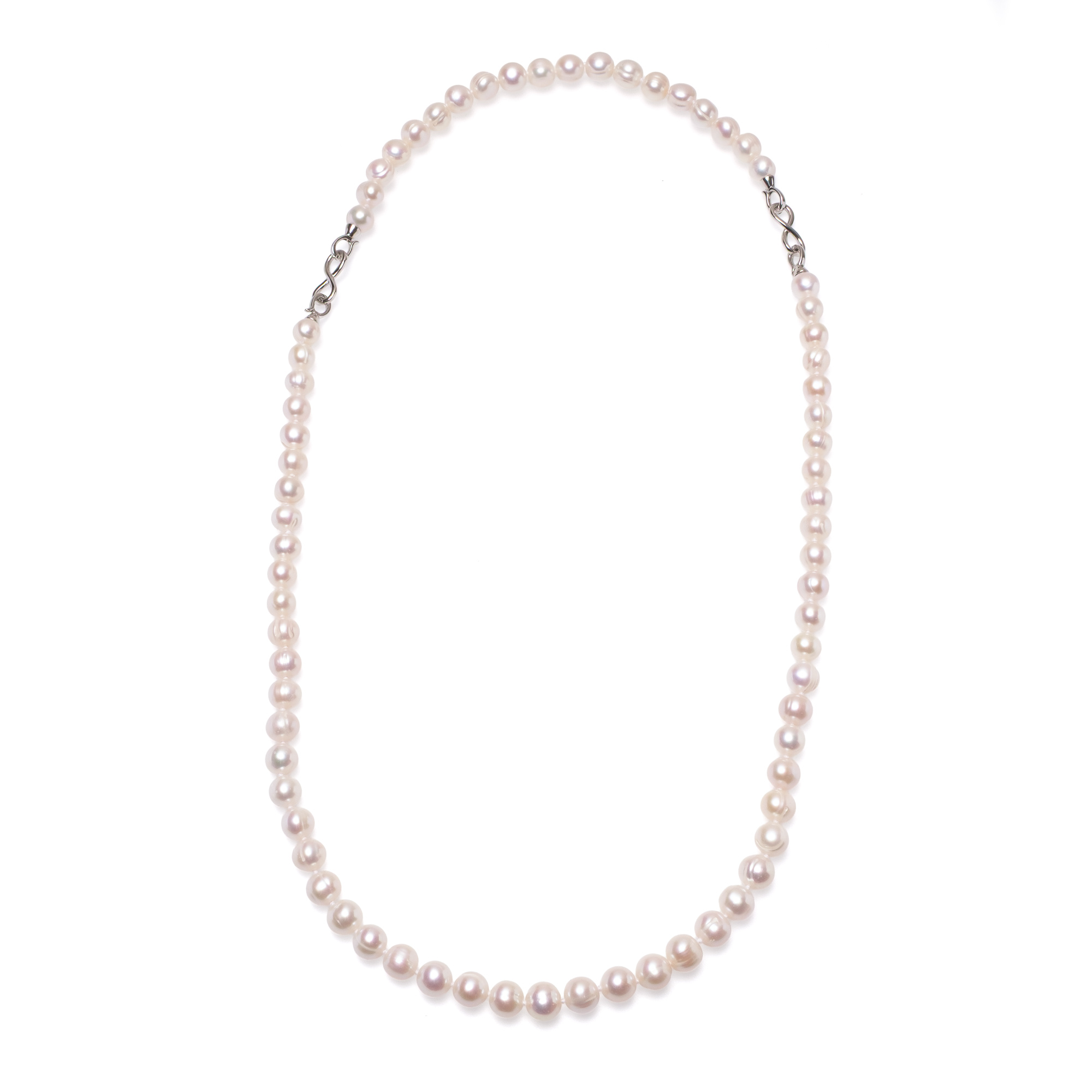 Гривна 8-9мм. бели перли, сребърна закопчалка-Безкрайност, 18/19см