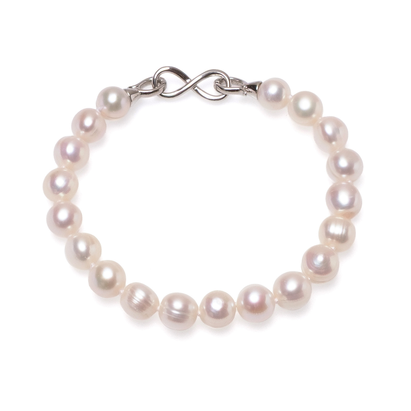 Гривна 8-9мм. бели перли, сребърна закопчалка-Безкрайност, 18/19см
