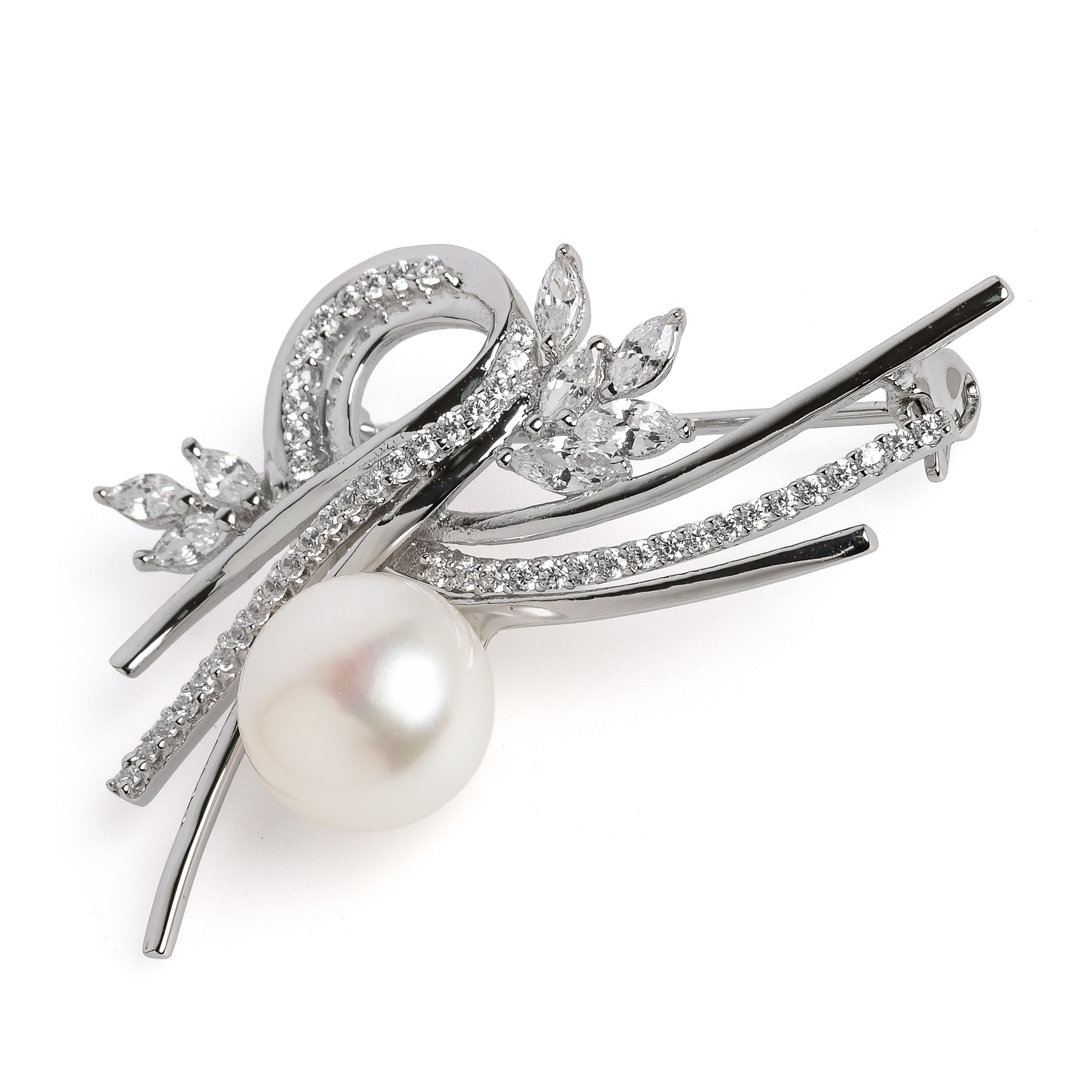 Брошка сребро, 11.5-12мм бяла перла с цирконий