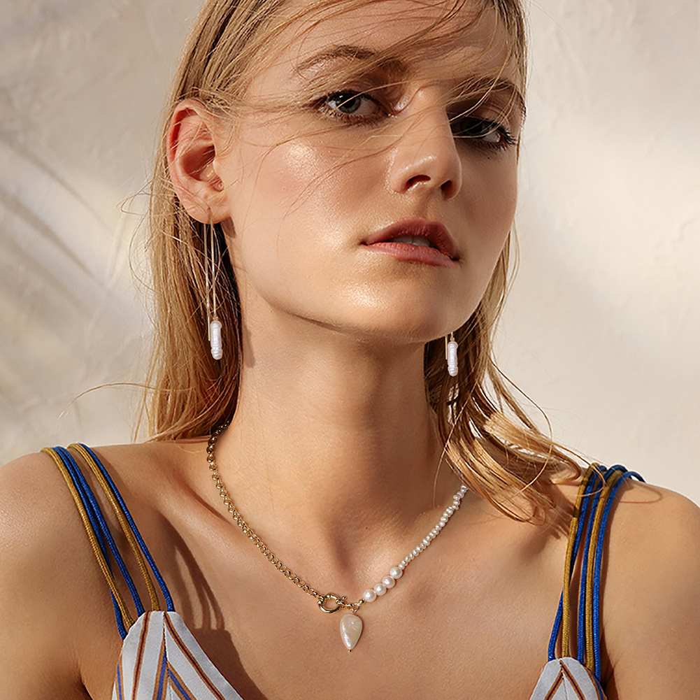 Колие сребро с 14К позлата, 3-6мм бели перли и 1бр. барокова перла