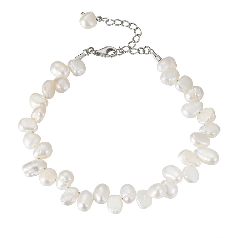 Гривна сребро, асиметрични бели перли, 16+5см