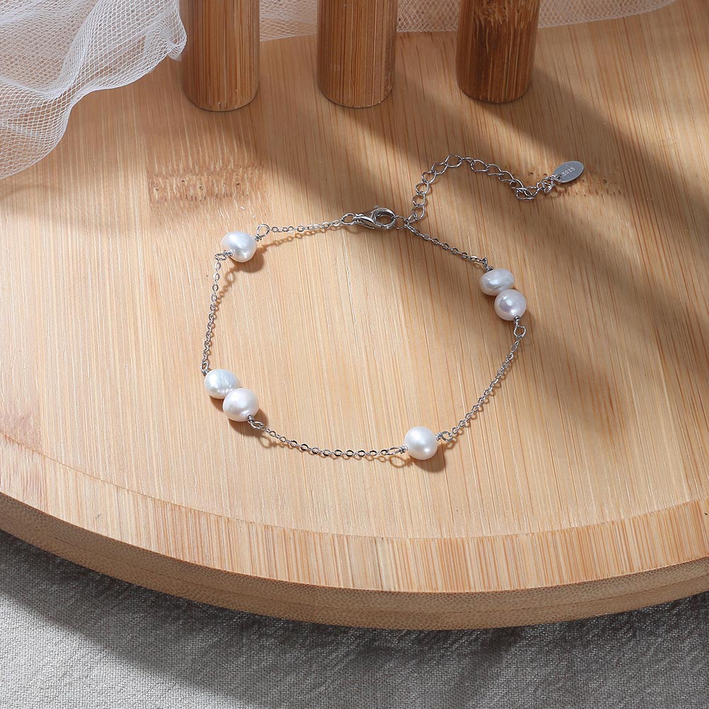 Гривна сребро, асиметрични бели перли, 16+5см